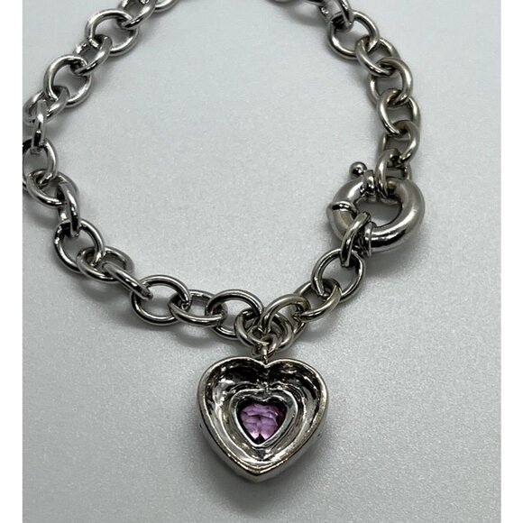 925 STERLING SILVER  PINK TOPAZ HEART BRACELET - Picture 6 of 7